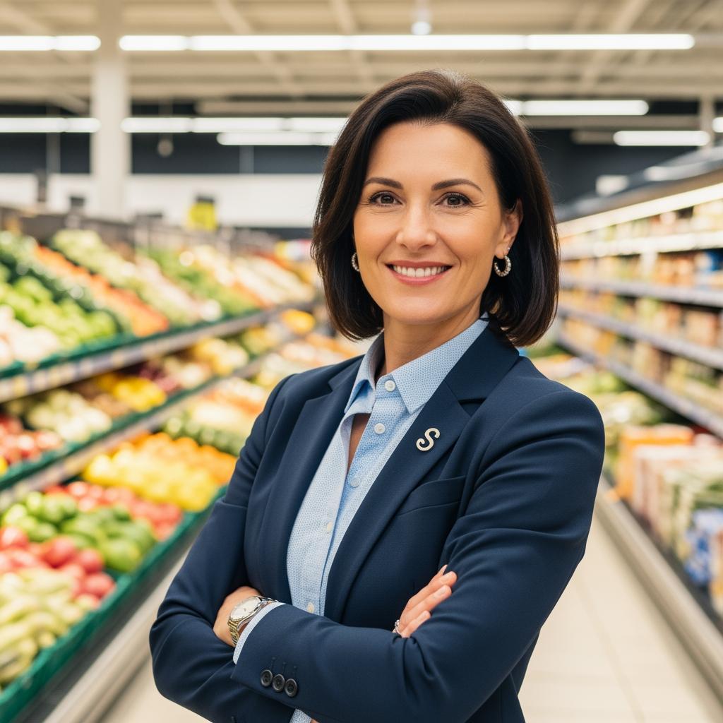 hyper realistic professional portrait of a confident retail store director standing in front of a well organized supermarket depth of field blur sharp details 8k editorial business style image 1