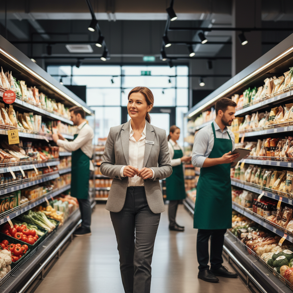 Comment recruter un directeur ou une directrice de magasin : le guide stratégique pour dirigeants portrait of a retail store manager walking through a modern supermarket, checking shelves and interacting with employees, confident leadership posture, natural lighting