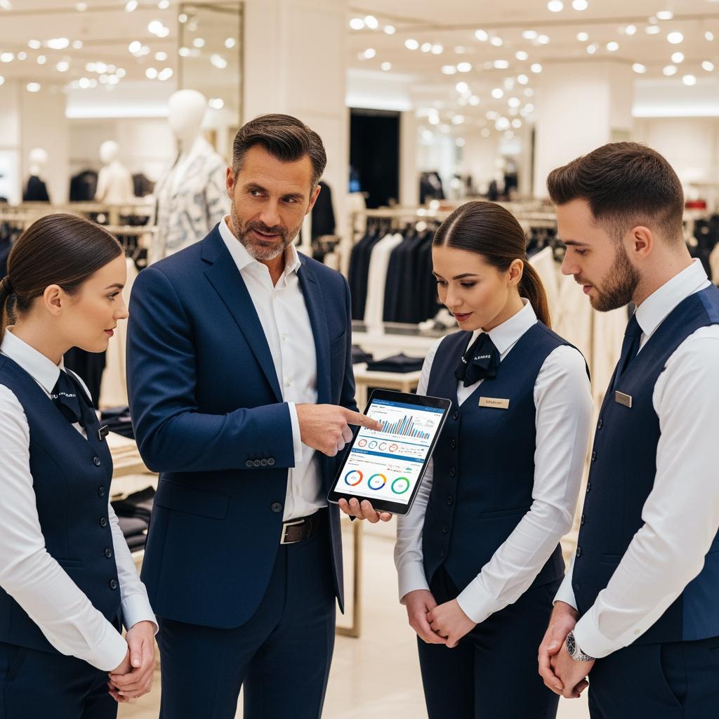 Comment recruter un directeur ou une directrice de magasin : le guide stratégique pour dirigeants scene of a store director coaching team members on the sales floor, pointing at kpi dashboard on a tablet, high detail faces, retail environment