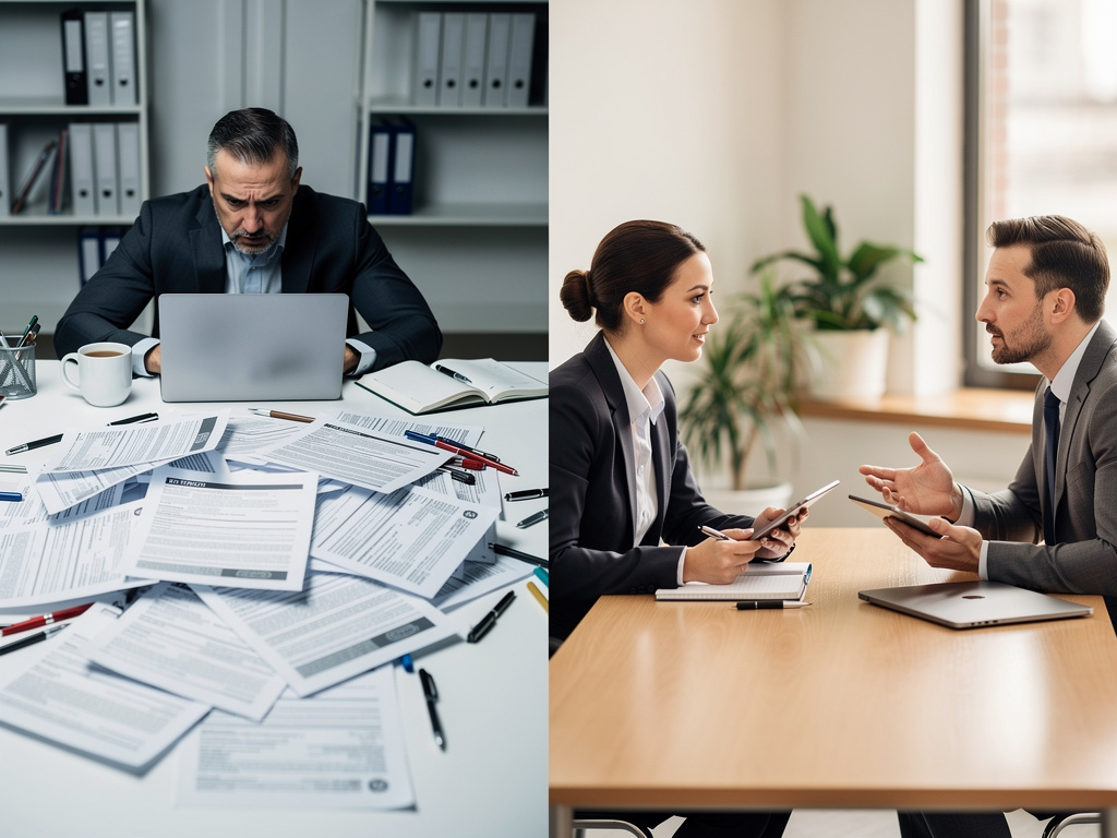 scène professionnelle divisée visuellement en deux ambiances, à gauche un manager débordé seul devant un ordinateur avec pile de cv