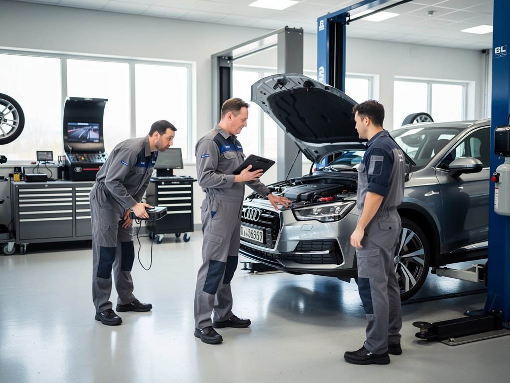Recrutement en centre auto : comment trouver les bons profils en grande distribution ? chef d’atelier automobile donnant des consignes à deux techniciens autour d’un véhicule sur un pont élévateur. Atelier propre et lumineux, équipements modernes, attitude professionnelle, expressions naturelles, style reportage industriel