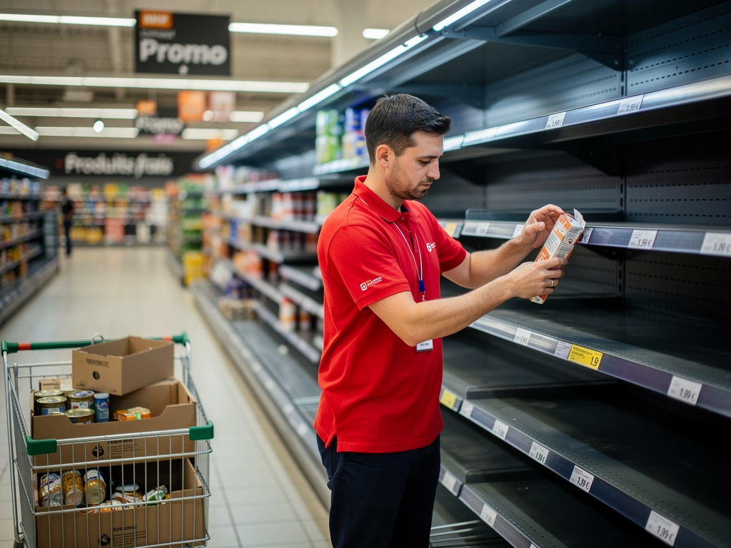 Comment réduire le turn-over dans la grande distribution ? employé de supermarché réapprovisionnant un rayon vide en fin de journée, ambiance légèrement stressée mais professionnelle
