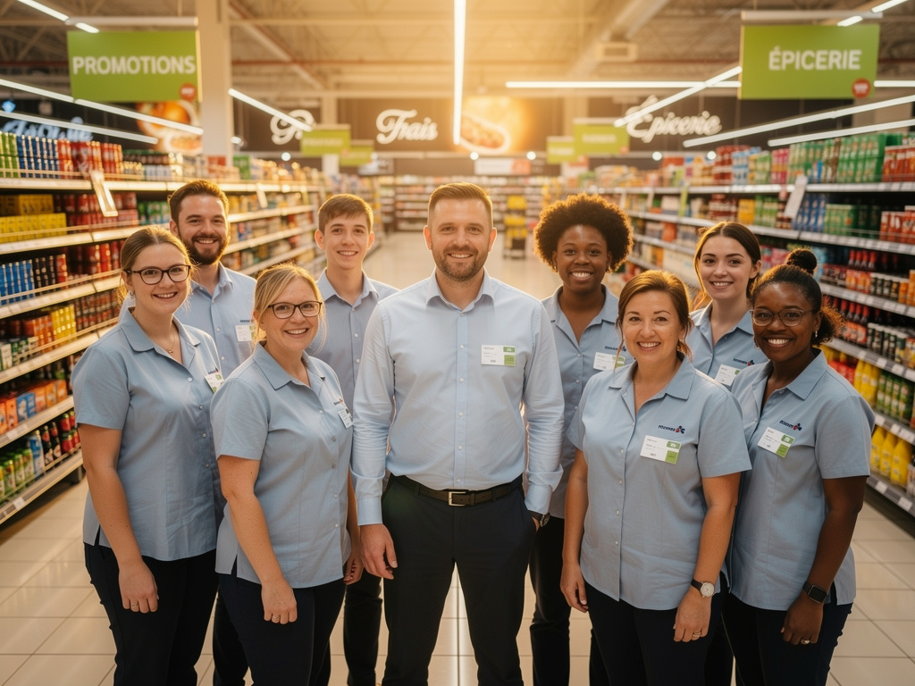 Comment réduire le turn-over dans la grande distribution ? équipe de magasin souriante en fin de journée dans une grande surface française