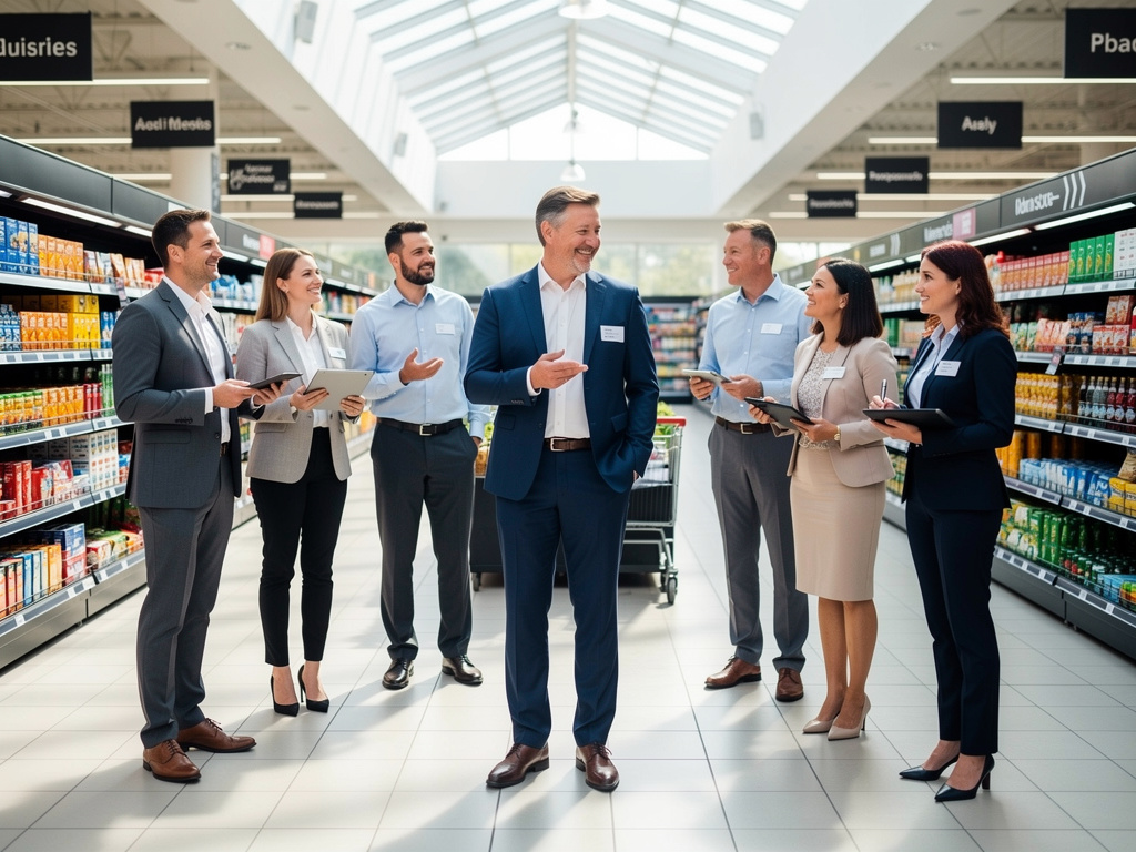 Les métiers les plus demandés dans la grande distribution en 2026 équipe de management en grande distribution réunie dans allée principale, directeur et responsables de rayon, posture dynamique, magasin moderne en arrière-plan