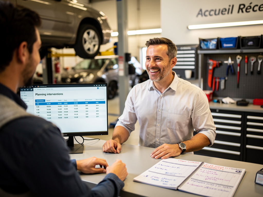 Recrutement en centre auto : comment trouver les bons profils en grande distribution ? réceptionnaire centre auto accueillant un client au comptoir, échange cordial, ordinateur et planning interventions visibles, arrière-plan atelier légèrement flou