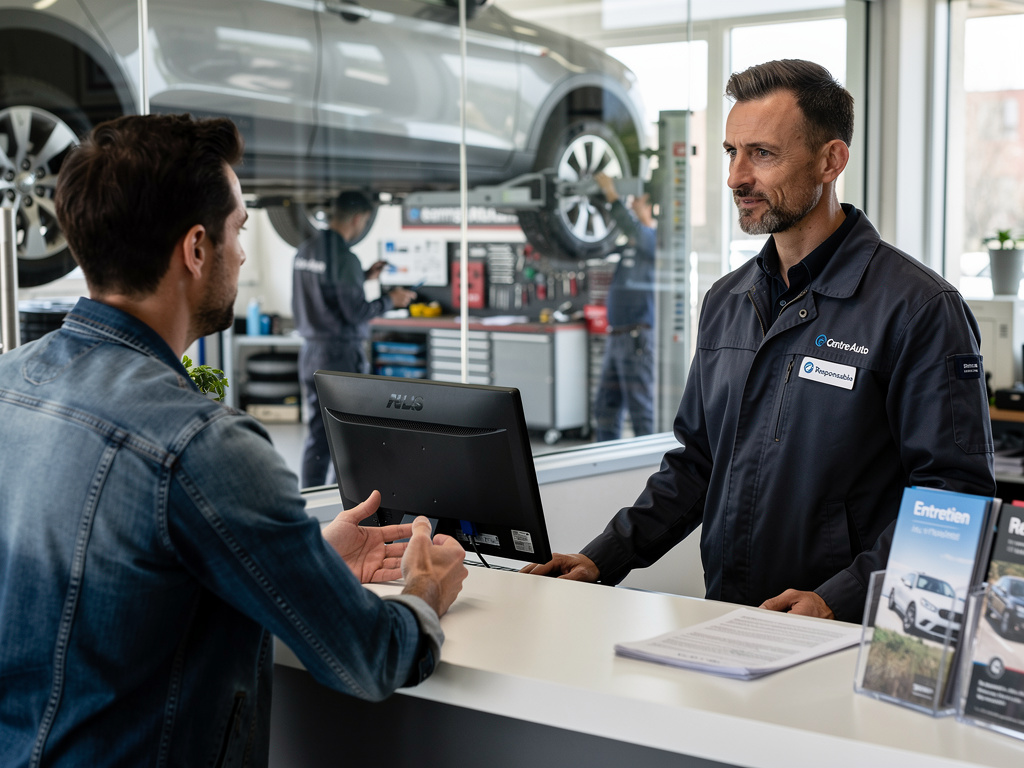 Recrutement en centre auto : comment trouver les bons profils en grande distribution ? responsable centre auto en France, 40 ans environ, tenue professionnelle sobre, discutant avec un client au comptoir d’accueil d’un centre auto moderne