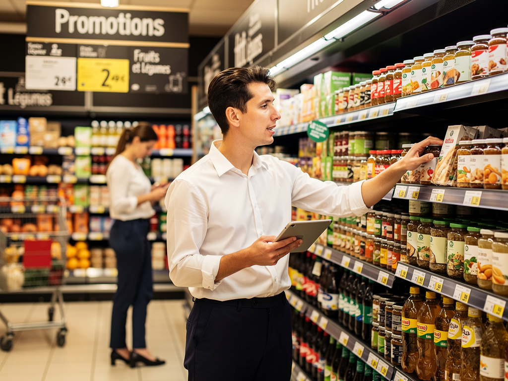 Les métiers les plus demandés dans la grande distribution en 2026 responsable de rayon supervisant la mise en rayon avec son équipe, grande surface alimentaire, tablette en main, interaction avec employé, ambiance magasin lumineux