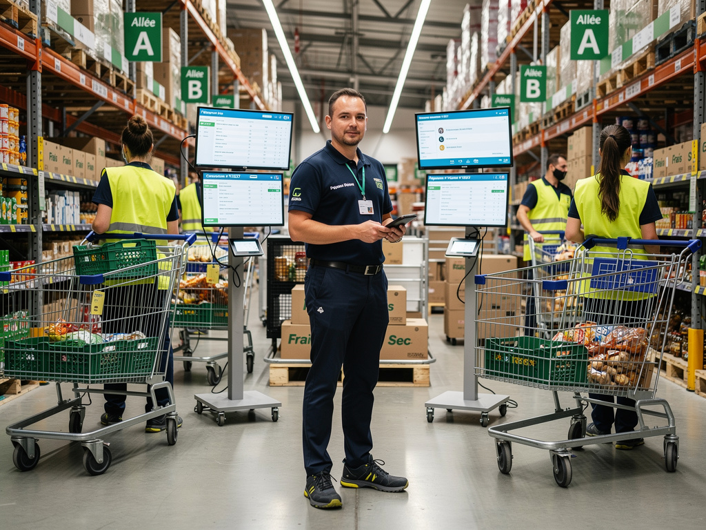 Les métiers les plus demandés dans la grande distribution en 2026 responsable drive dans zone de préparation de commandes, entrepôt de supermarché, préparateurs avec chariots, écrans digitaux visibles, ambiance logistique moderne