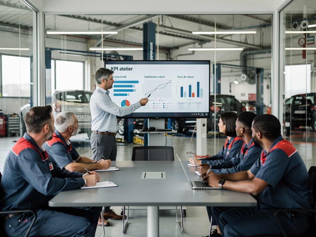 Recrutement en centre auto : comment trouver les bons profils en grande distribution ? réunion d’équipe dans un bureau vitré d’un centre auto, responsable présentant des chiffres de performance sur un écran (KPI atelier), équipe attentive autour d’une table. Ambiance professionnelle, lumière naturelle,
