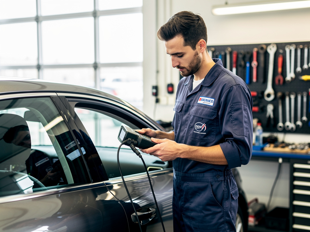 Recrutement en centre auto : comment trouver les bons profils en grande distribution ? technicien automobile utilisant une valise de diagnostic électronique sur une voiture récente dans un centre auto français. Atelier lumineux, outils professionnels visibles, concentration sur le visage