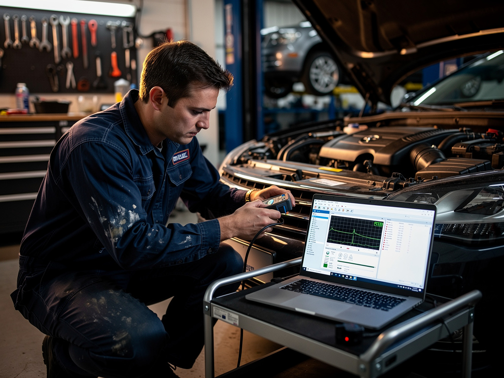 mechanic connecting obd diagnostic tool to a car engine bay