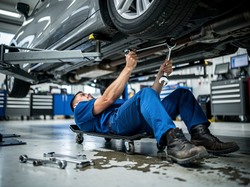 professional automotive technician in blue uniform lying under a lifted car in a modern auto center