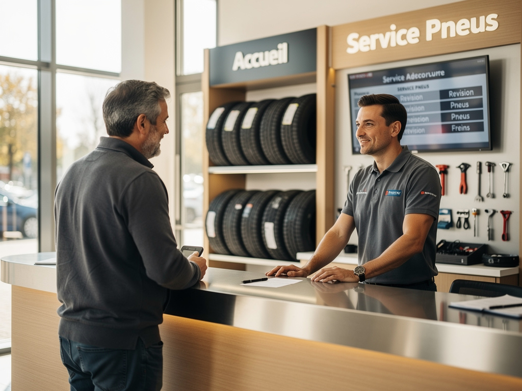 service advisor in polo shirt talking with a customer at a reception desk in a modern tire and auto center