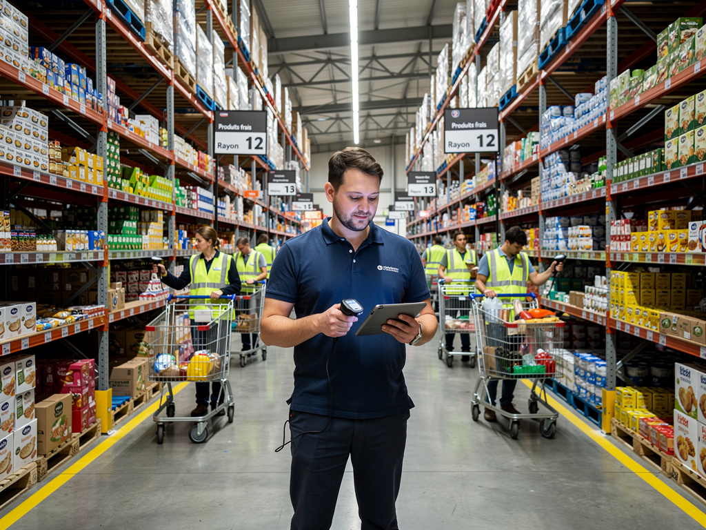 a drive manager supervising order preparation in a large french supermarket warehouse