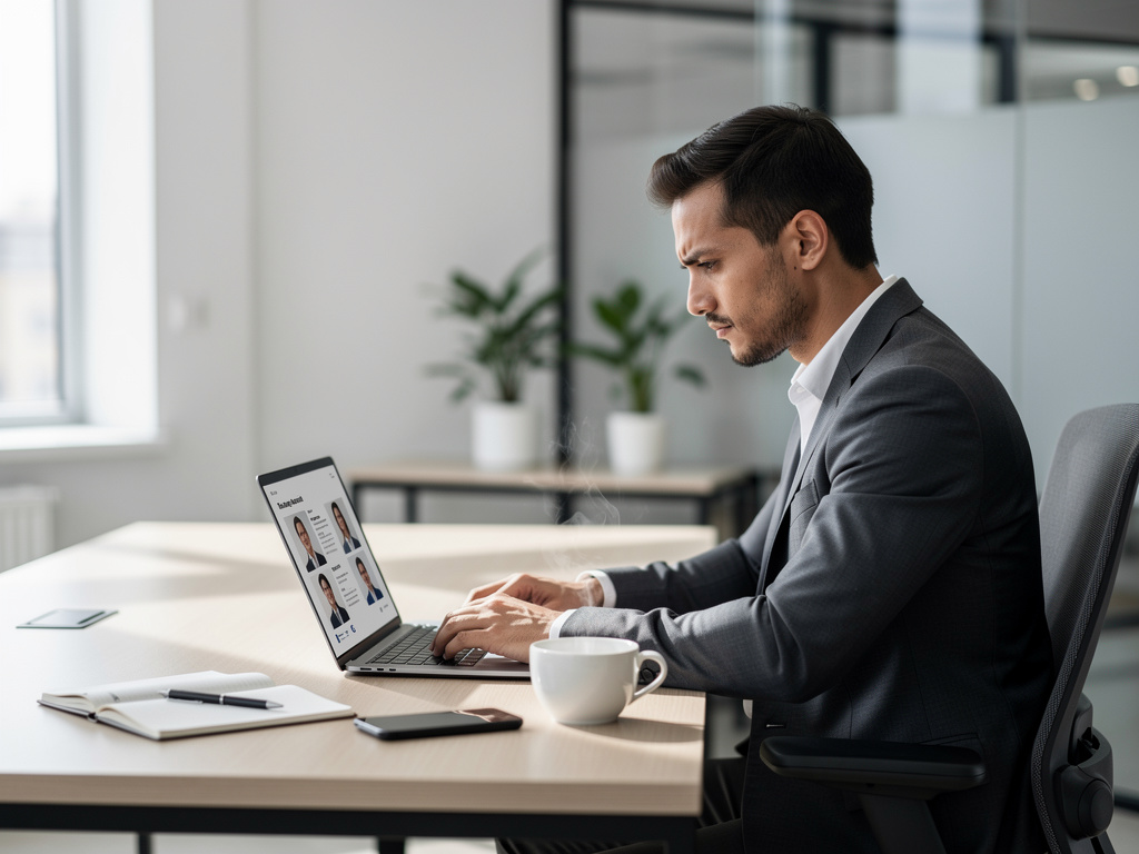 a recruitment consultant working on a laptop reviewing candidate profiles a recruitment consultant working on a laptop reviewing candidate profiles