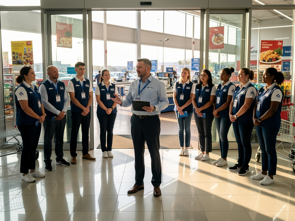 a store manager briefing a team of employees at the entrance of a hypermarket before opening