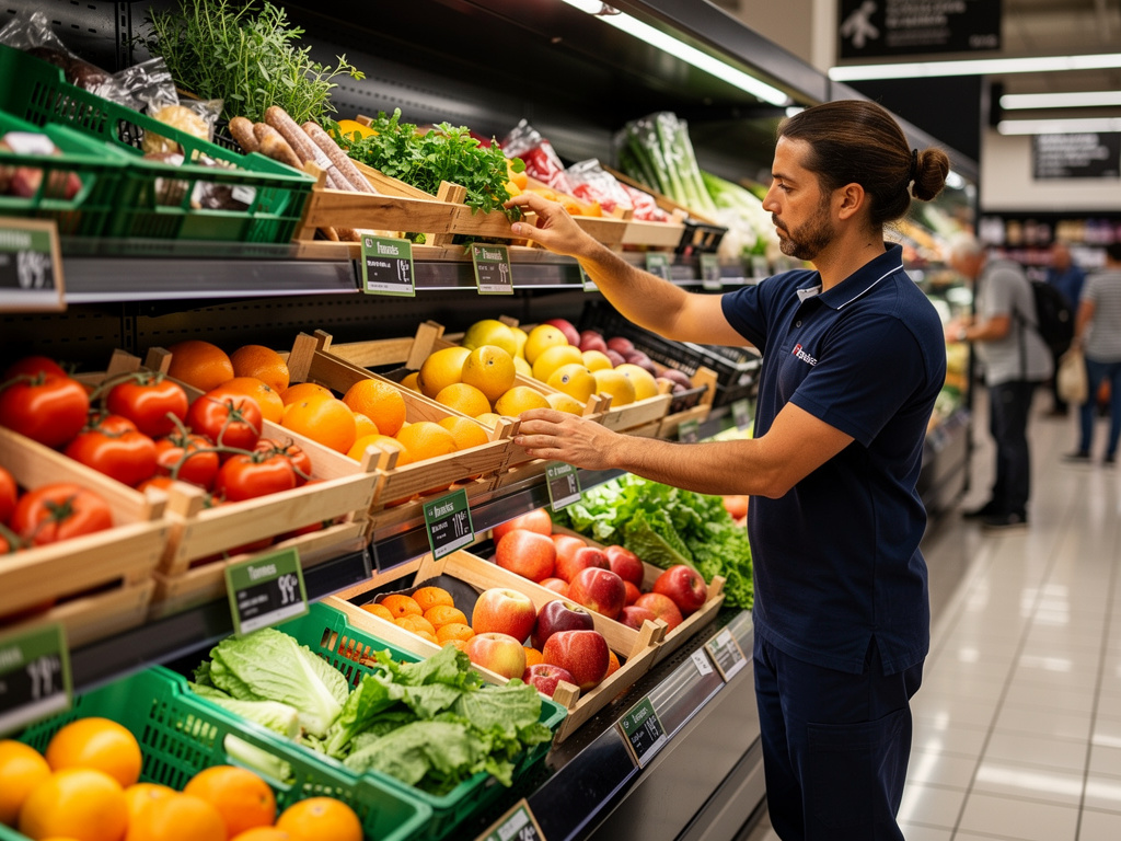 manager in a work uniform organizing shelves in a french supermarket fresh produce aisle