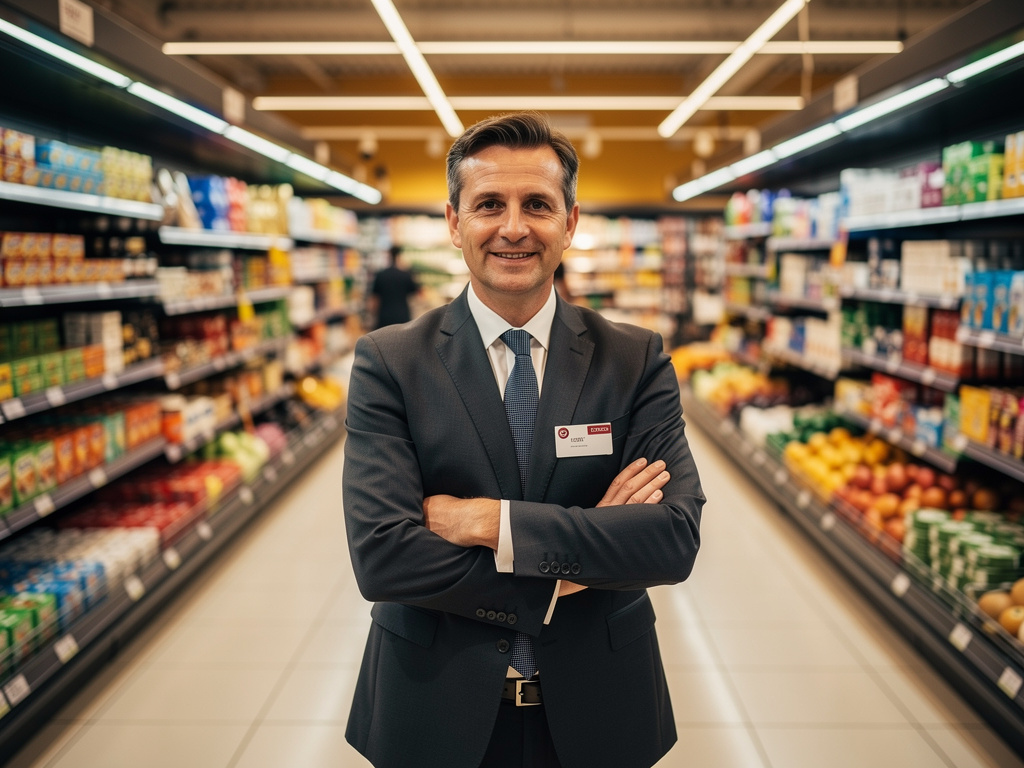 retail store director in a suit standing inside a large french supermarket retail store director in a suit standing inside a large french supermarket