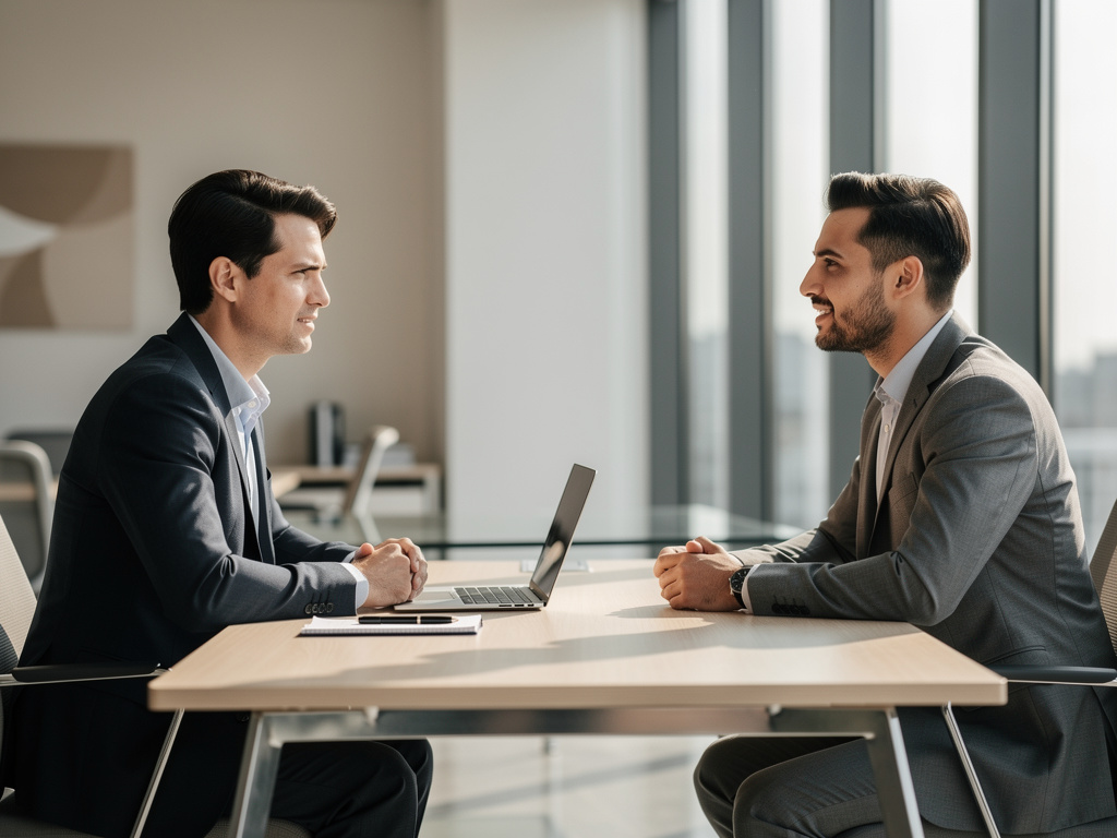 two professionals in a modern office doing a job interview, one consultant and one candidate two professionals in a modern office doing a job interview, one consultant and one candidate